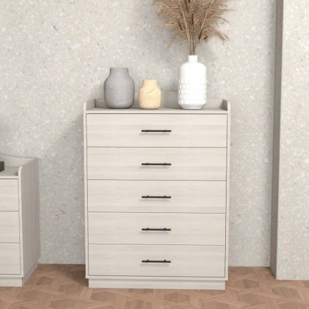 Commode à tiroirs en chêne blanc avec finition courbe plate et filets modifiés - Commode à tiroirs en chêne blanc avec finition courbe plate et filets modifiés